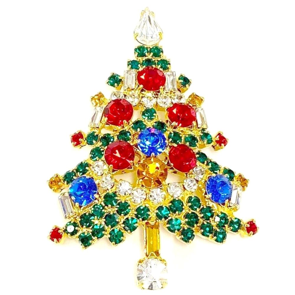 Vintage Christmas Tree Brooch Multi Rhinestone gold tone OTC  2.75" 17.9g